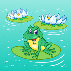 Summer lake. Funny green frog sitting on the big leaf among the lilies. On the blue background.