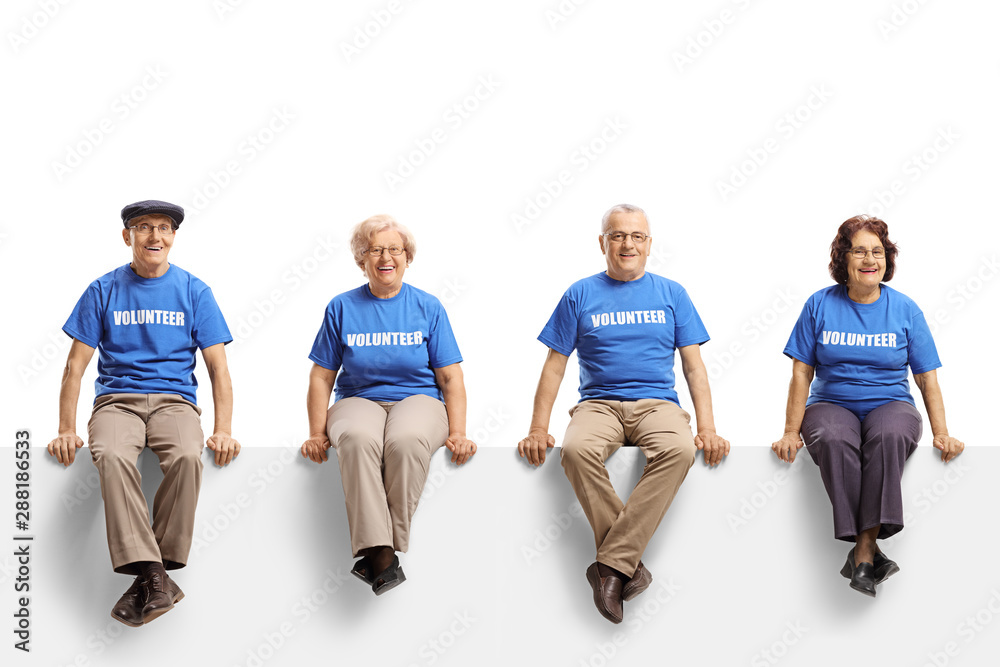 Poster senior male and female volunteers sitting on panel