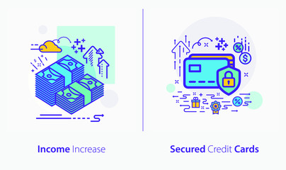 Business and Finance Concept Icons, Income Increase, Secured Credit Cards