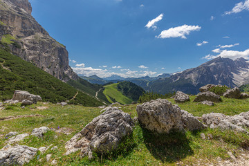 Beautiful view of the Italian Dolomites from Sassongher mountain. Italian Alps, Colfosco - Alta Badia.