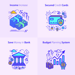 Fototapeta premium Vector Business and Finance Icon Set Purple / Income increase / Secured credit cards / Save money in bank / Budget planning system