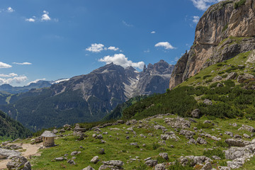 Fototapeta premium Beautiful view of the Italian Dolomites from Sassongher mountain. Italian Alps, Colfosco - Alta Badia.
