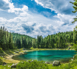 Enchanted Panorama. Lake of Carezza. Dolomites, Italy