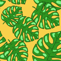 Vector seamless pattern with palm tropical leaf  on orange background. Good for printing. Wallpaper and fabric design. Wrapping paper pattern. Cute pattern.