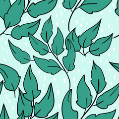 Seamless vector pattern with leaf and leaves, branch on light blue background. Good for printing. Wallpaper, fabric and textile  design. Wrapping paper pattern. Cute floral and botanical pattern. 