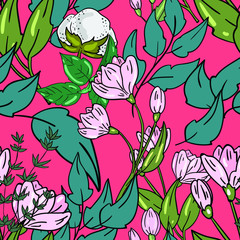 Seamless vector pattern with cotton flower, leaf, plant, grass on pink background. Wallpaper, fabric and textile design. Good for printing. Wrapping paper pattern. Floral pattern. 