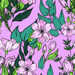 Vector seamless pattern with flower, blossom with leaves  on pink background. Good for printing. Wallpaper, textile and fabric design. Wrapping paper pattern. Cute floral pattern.