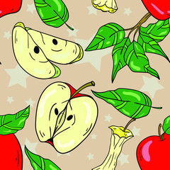 Vector seamless pattern with apples, branch and leaf  on brown background. Good for printing. Wallpaper and fabric design. Wrapping paper pattern. Cute pattern.