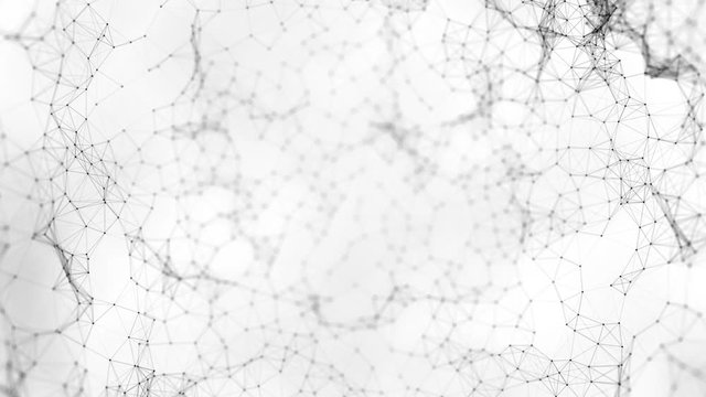 Abstract animation of black blurred plexes, triangles and dots floating on white background. Macro plex 4K motion background loop abstract