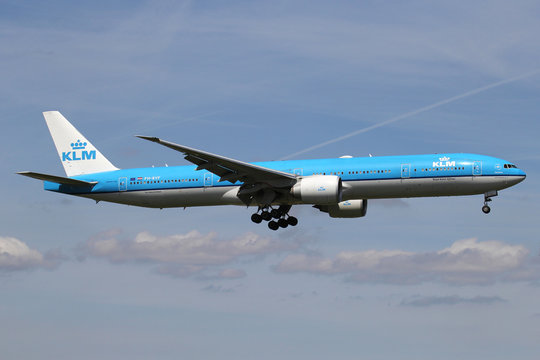 ROZENBURG, THE NETHERLANDS - June 15, 2015: Dutch KLM Boeing 777-300 with registration PH-BVF on short final for runway 06 of Amsterdam Airport Schiphol.