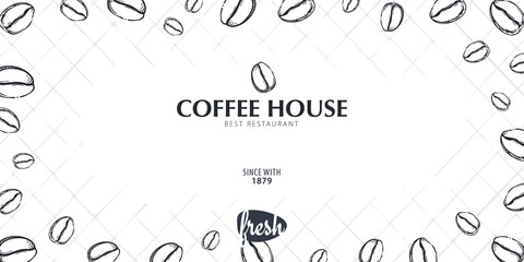 Coffee Sketch banner with coffee beans and leaves for poster or another template design.