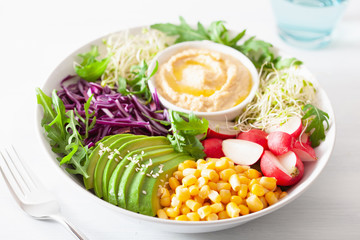 vegan avocado sweet corn lunch bowl with hummus, red cabbage, radish and sprouts