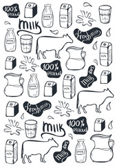 Milk background. Hand draw milk icon set. 