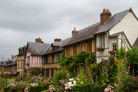 Le Bec-Hellouin, Haute-Normandie, typical timbered houses and lots of colourful flowers