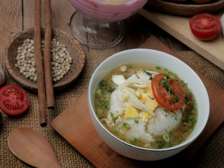 Bubur Ayam or Indonesian Chicken Porridge with Soup