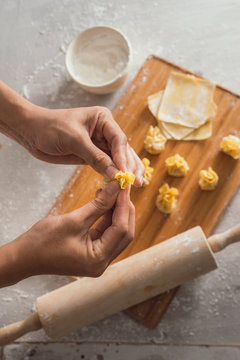 Preparation of making wonton wrappers / dumplings