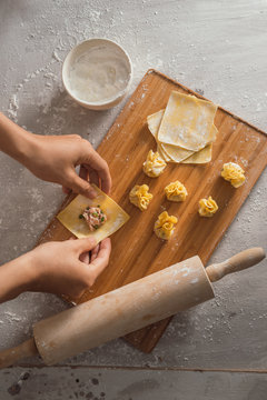 Preparation of making wonton wrappers / dumplings