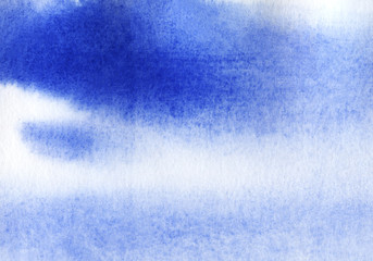 Abstract hand drawn background of shining blue sky with clouds. Watercolor texture with granulation. Brush stroke illustration of azure and gently blue backdrop with splashes of blurry white spots