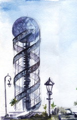 Skyscraper Tower Alphabet in Batumi, Georgia. Sketchy background illustration. Hand-drawn watercolor on texture paper