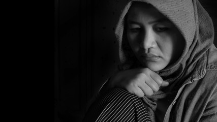 Sad Crying Depressed Muslim Woman in Black and White