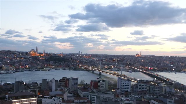 Bridge over the Golden Horn. Ataturk Bridge and Golden Horn Bridge in the evening, time lapse