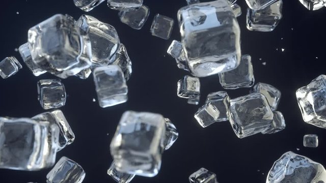 Ice cubes falling on dark blue background. Ice crystals. Sugar crystals. Glass blocks. 3D Render.
