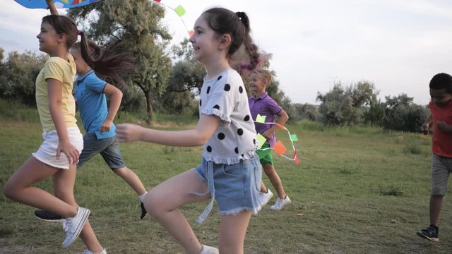 Cute little children playing with kite outdoors, slow motion