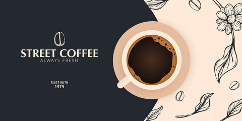Cup of Coffee. Sketch banner with coffee beans and leaves on colorful background for poster or another template design. - 288195176