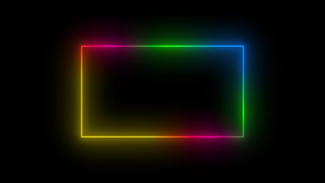 Glowing neon frame with vibrant colors on black background. Seamless looped 4K animation of shiny rectangle.