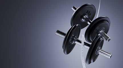 Sport equipment for minimal diet and healthy concept. Close up dumbbell and  measure tape on grey background. 3d rendering illustration.