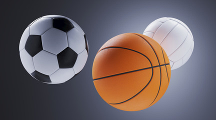 Sport equipment for minimal diet and healthy concept. Close up soccer ball,basketball and volleyball on grey background. 3d rendering illustration.