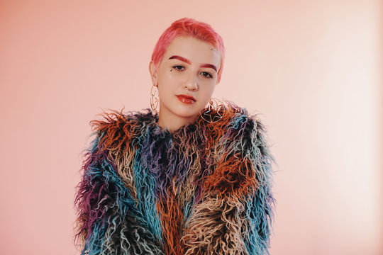 Funky woman in fur jacket