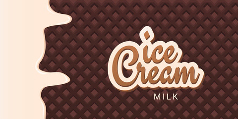 Ice Cream banner with wafer background. Cafe menu, ice cream dessert poster, food packaging design.