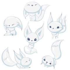 Arctic white fox cute cartoon character vector design, adorable isolated clip-art. Fox with different emotions.