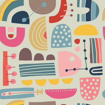 Abstract Scandinavian geometric seamless vector pattern. Modern vintage stylish Bauhaus background design for fabric, poster, cover, textile, web, wallpaper, postcard design. Scandi style home decor