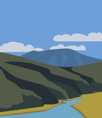 Hand drawn mountain lake valley flat color vector