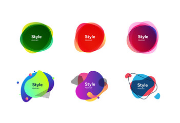 Multicolored badges set. Dynamical abstract figures. Trendy minimal templates for presentations, banners, flyers and logos. Vector illustration