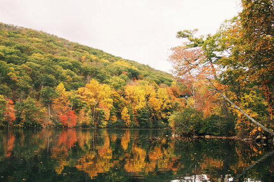 A morning reflection of Hessian Lake in Upstate New York on a beautiful fall day.