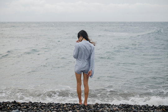 Windy seaside portrait