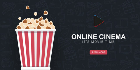 Online Cinema banner with Popcorn bucket. Hand draw doodle background.