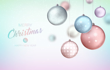 Beautiful background with Christmas decoration. Vector illustration of happy new year 2020 with 3d bright Christmas balls. Holiday greeting card in pastel colors