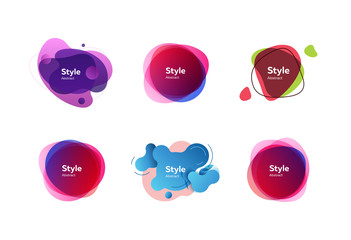 Colorful abstract figures set. Bright multicolored shapes with sample text. Trendy minimal templates for presentations, banners, flyers and posters. Vector illustration