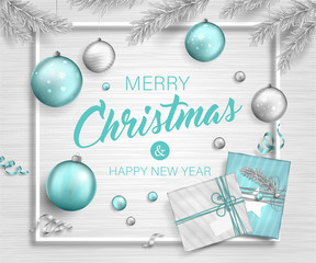 Beautiful bright background with Christmas decoration. Vector poster of happy new year 2019 with blue and silver balls, gifts, christmas tree branches and ribbons. Holiday greeting card