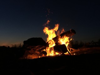 view of the fire and burning wood