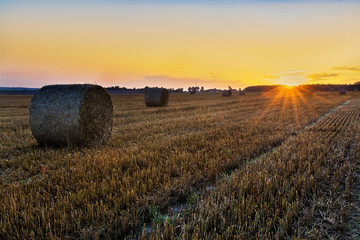 rolki siana na polu, wschód słońca © VinyLove Foto