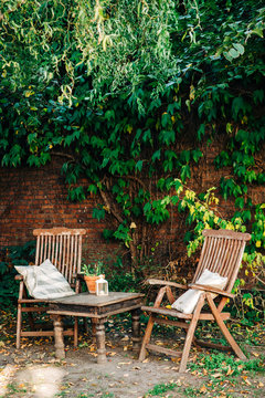 Wooden table and chairs In backyard.