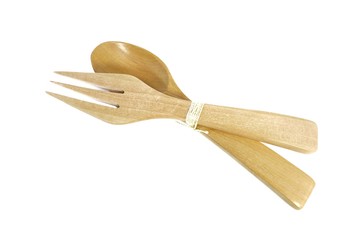 Wooden cutlery on a white background