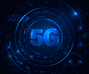 5G wireless internet wifi connection. Fifth innovative generation of the global high speed broadband network. Binary code flow for big data. Glowing blue abstract background