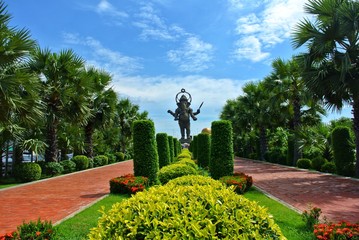Ganesha, the largest in the world, 39 meters high. The hand holding lotus flowers, mangoes, bananas, sugar cane and jackfruit, and of mice hugging coconut. Chachoengsao, Thailand