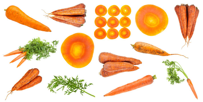 various fresh sliced and whole carrots isolated